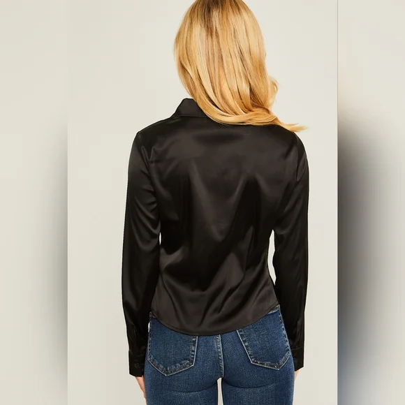 Long Sleeve Satin Button Down Ruched Blouse Dress Shirt Black Various Sizes - Picture 5 of 9